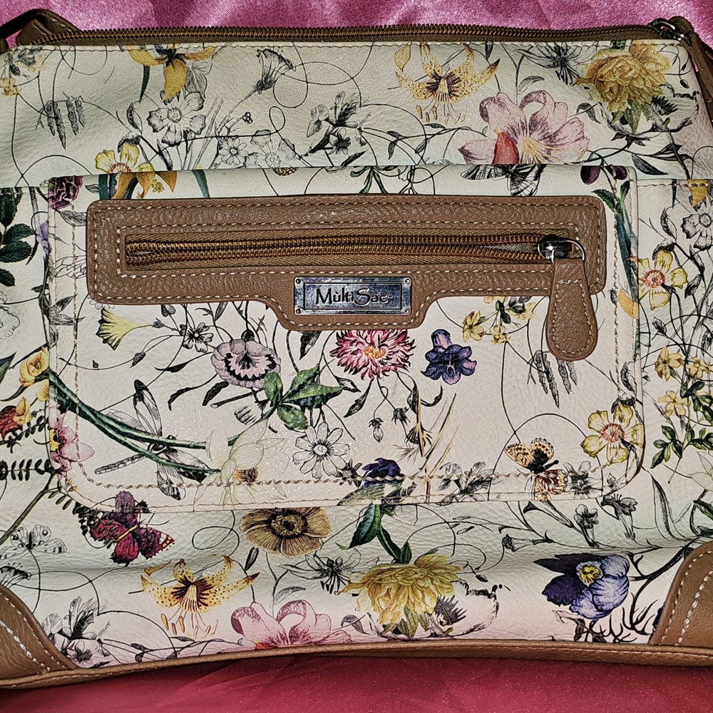 Cream and Tan Shoulder Bag with Floral Pattern